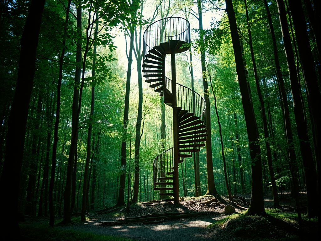 A black spiral staircase standing on its own in the middle of a green hardwood forest