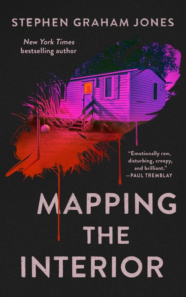 black book cover with a purple and red image of a doublewide modular home. the image is in the shape of a bleeding feather with the words "Mapping the Interior"